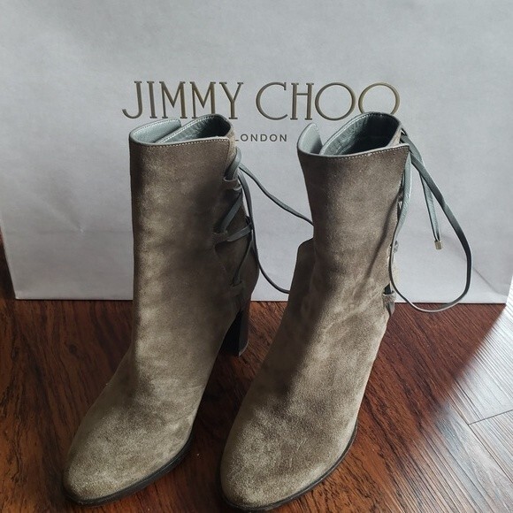 Jimmy Choo Shoes - NWOT Jimmy Choo Brown Tan Suede Leather Heeled Tie back Boots Size 36.5